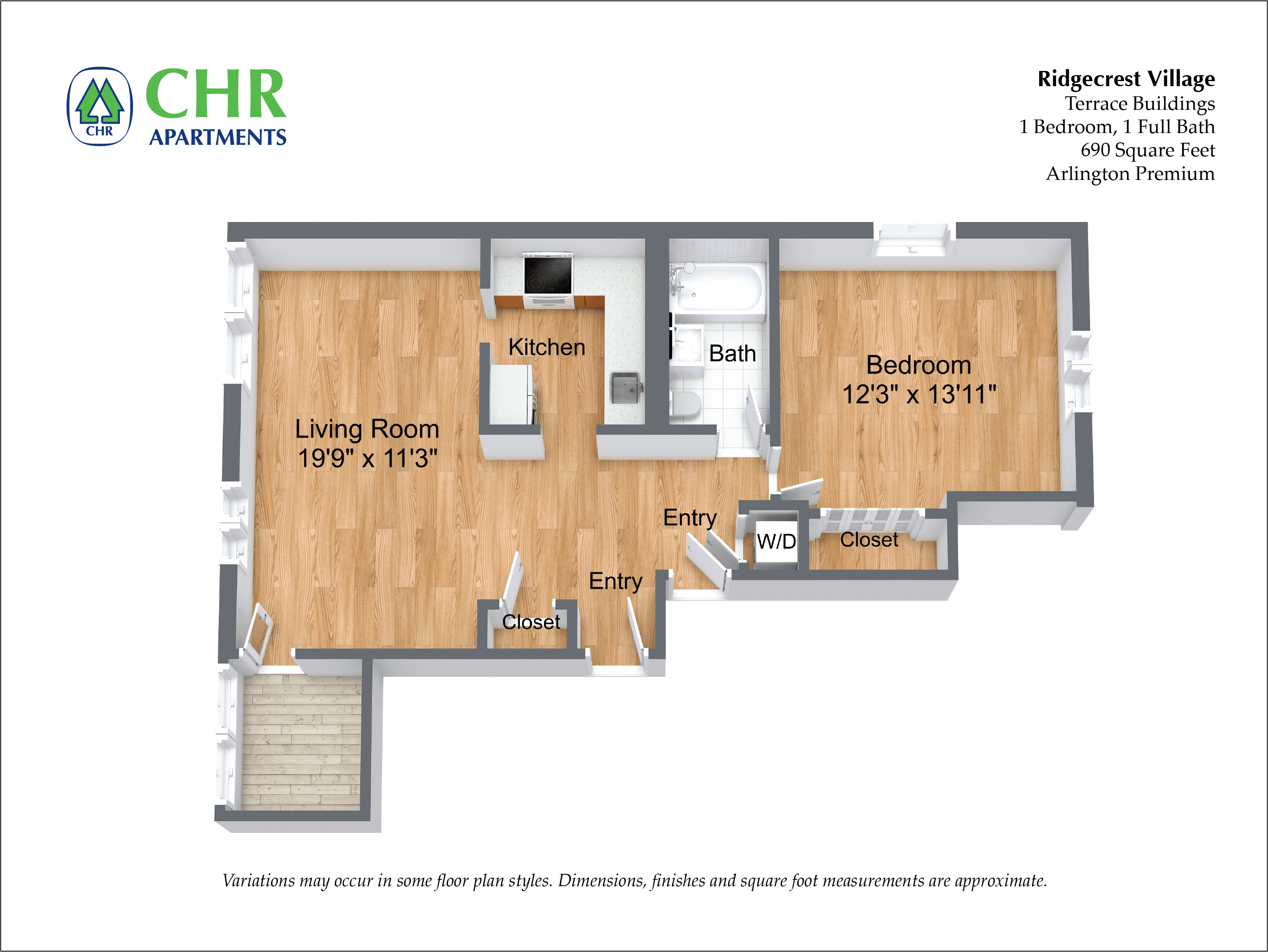 Floor plan for 1 bed, 1 bath, 690 sqft